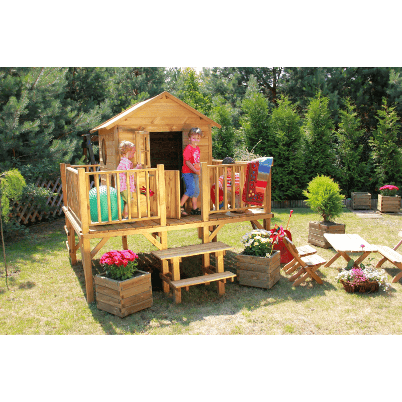Drewniany domek ogrodowy dla dzieci Maciej ze ślizgiem wizualizacja